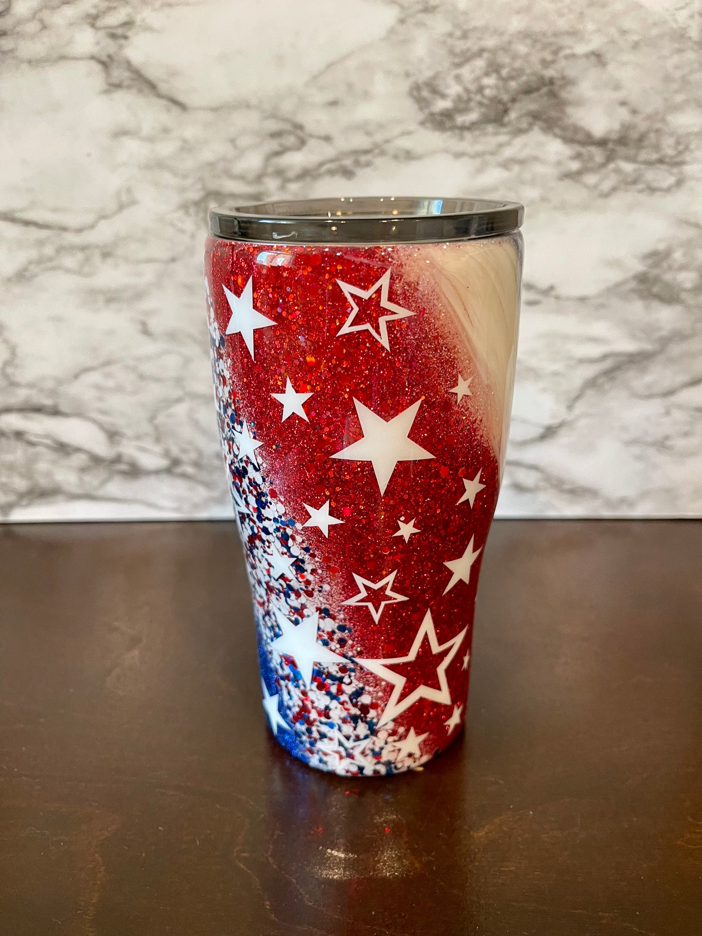 Red White and blue Stars Glitter Tumbler