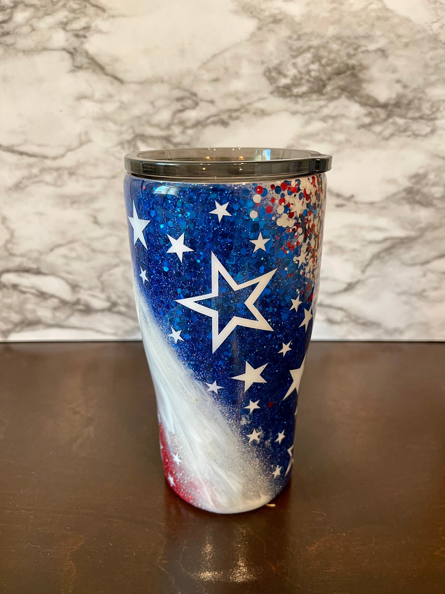 Red White and blue Stars Glitter Tumbler