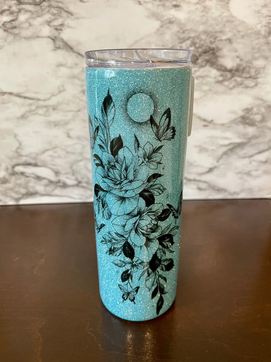 Floral Butterfly blue glitter tumbler