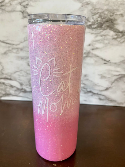 Cat Mom Tumbler (pink glitter)