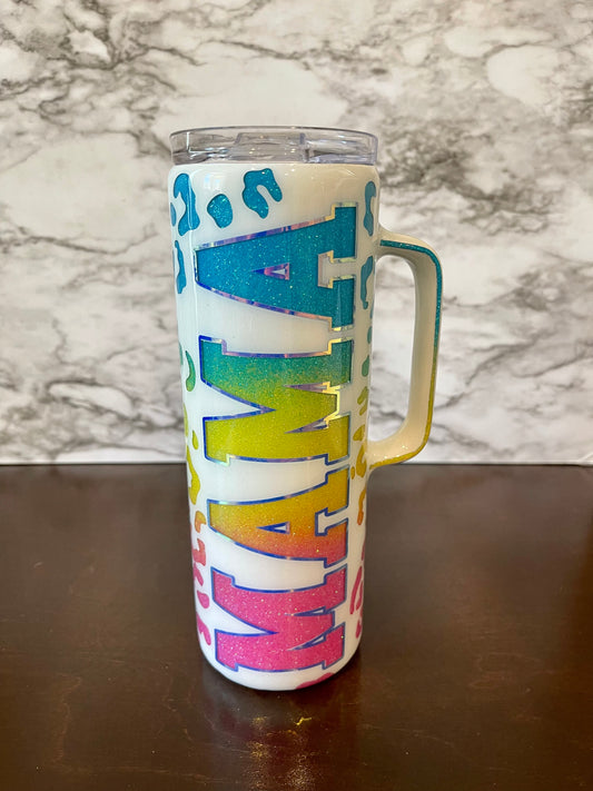 Mama White Bright Color Rainbow Leopard Tumbler with Handle