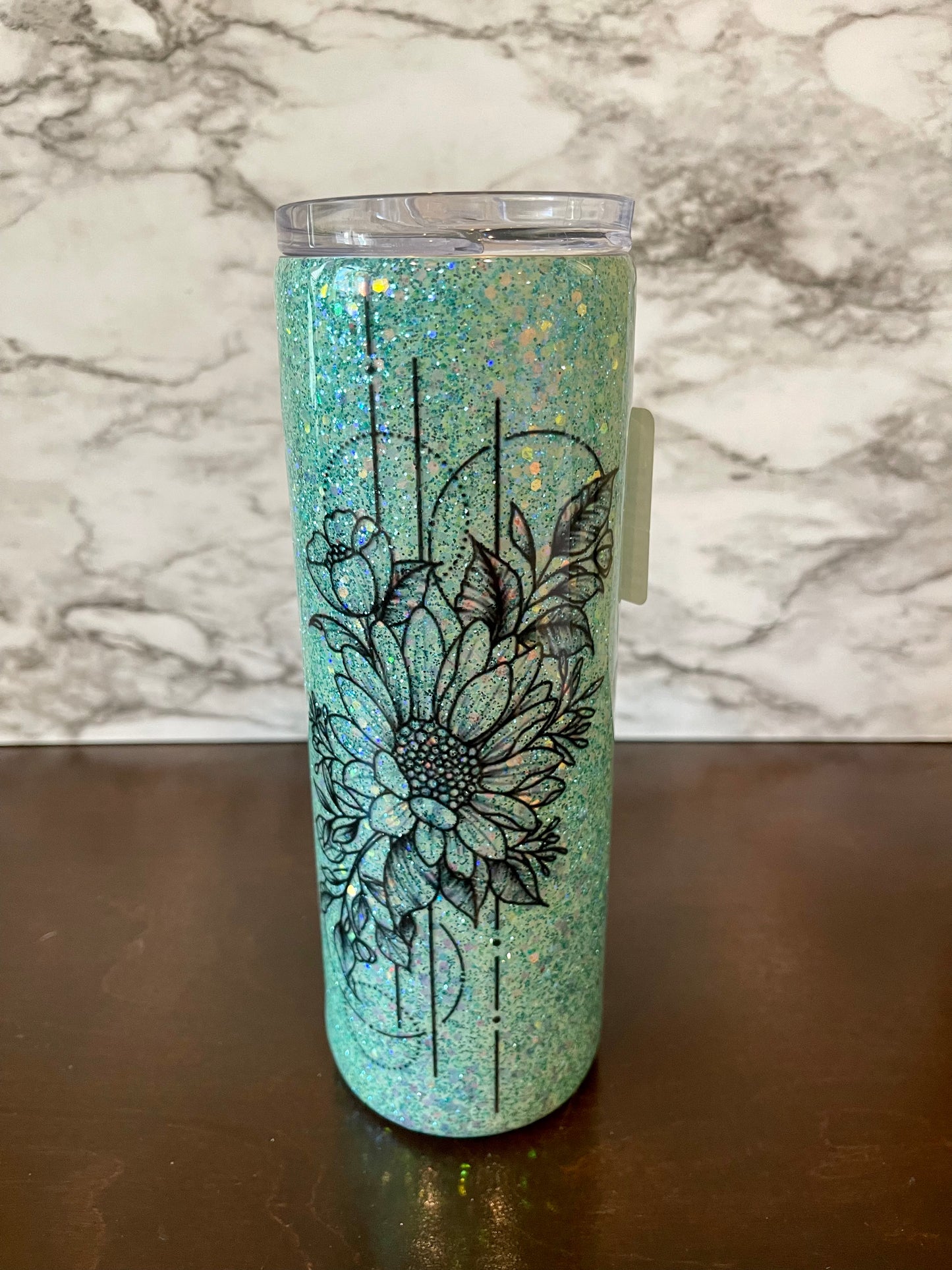 Floral Green Glitter Tumbler