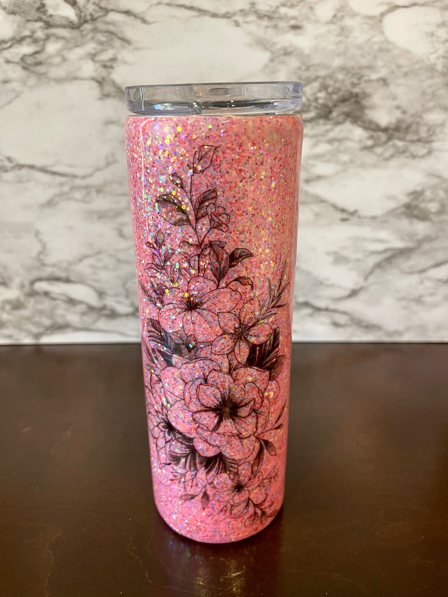 Floral Pink Glitter Tumbler