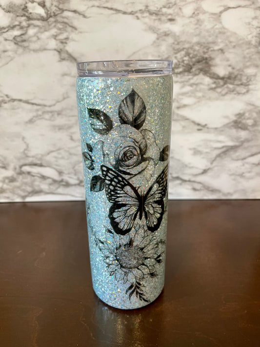 Floral Butterfly Blue Glitter Tumbler